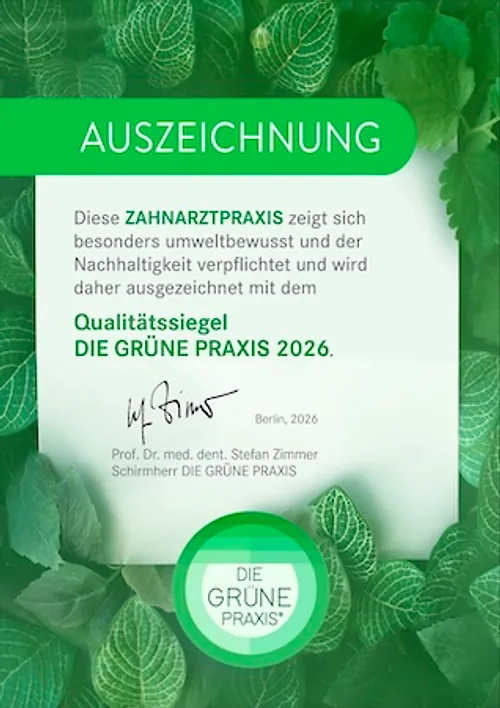 Zertifikat „DIE GRÜNE PRAXIS" für die Zahnarztpraxis moderndentistry
